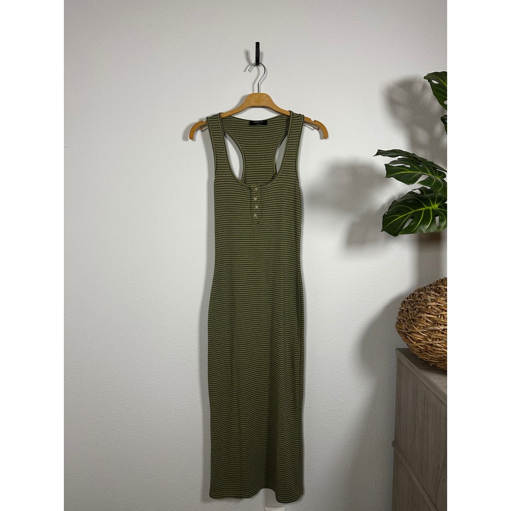 The Work Shop Ribbed Henley Maxi‎ Dress Olive Black Stripe Sleeveless Size S